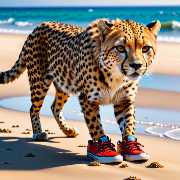 Image of a cheetah in a shoes on the beach