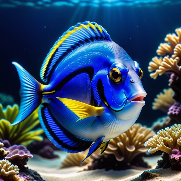 Photo of a blue tang in a blue coat