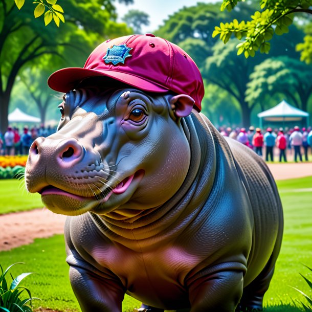 Foto de un hipopótamo en una gorra en el parque