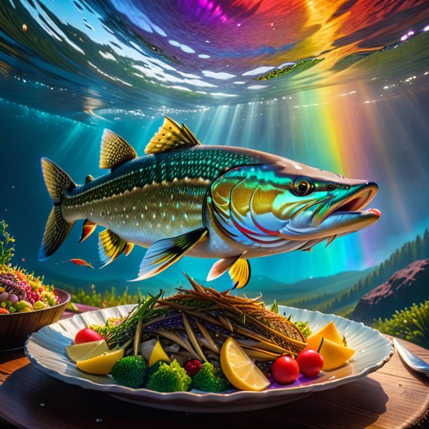 Foto de una comida de un lucio en el arco iris