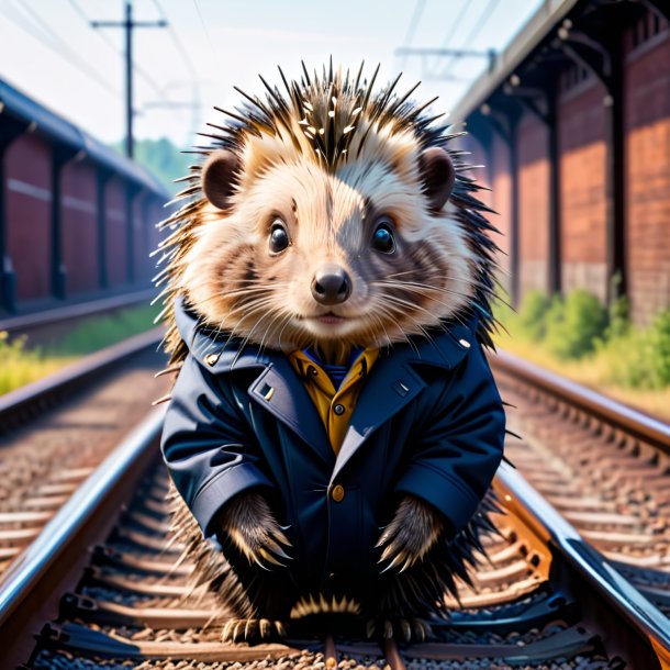 Foto de um porco-espinho em um casaco nos trilhos ferroviários