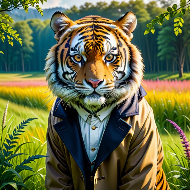 Image d'un tigre dans un manteau dans la prairie