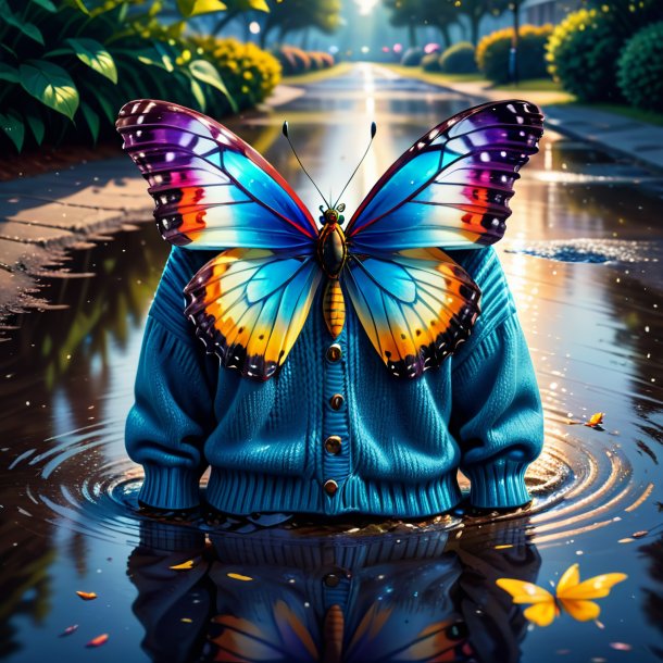 Illustration of a butterfly in a sweater in the puddle