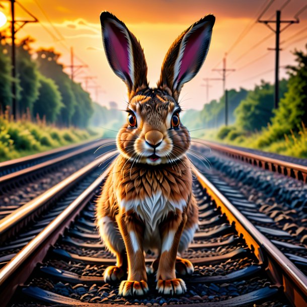 Foto de un enojado de una liebre en las vías del ferrocarril