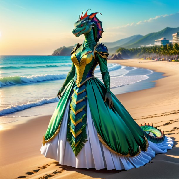 Image of a basilisk in a dress on the beach