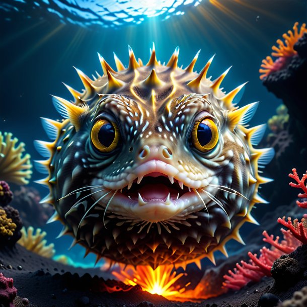 Photo of a threatening of a pufferfish in the volcano