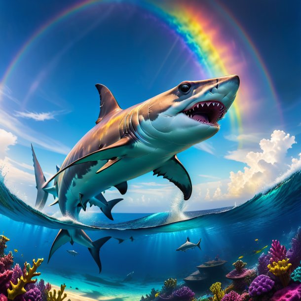 Photo of a threatening of a hammerhead shark on the rainbow