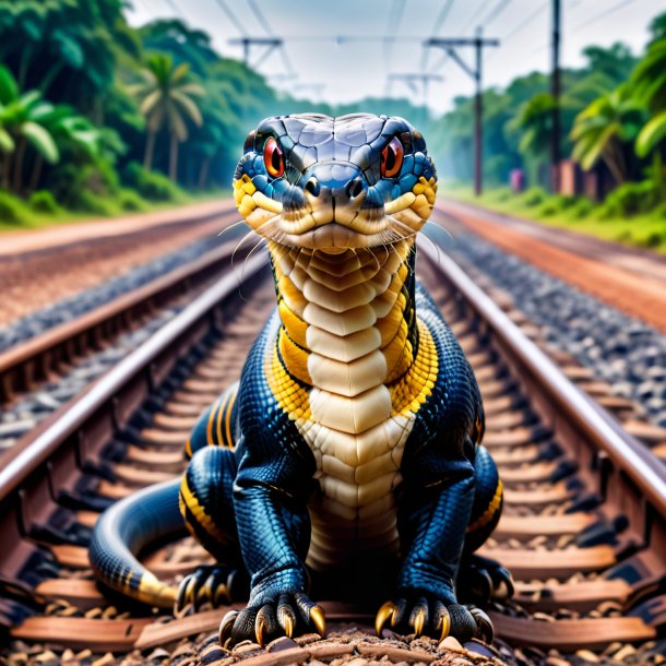 Imagem de uma cobra rei em um colete nos trilhos ferroviários