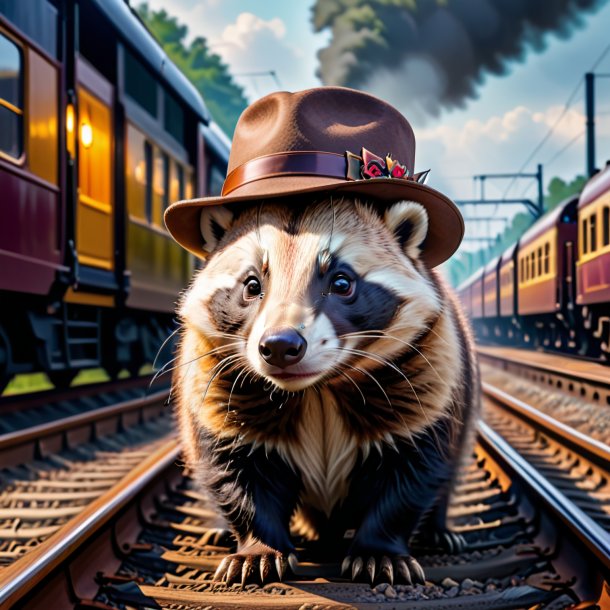 Picture of a badger in a hat on the railway tracks