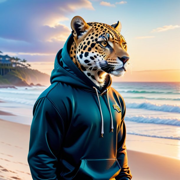 Image of a jaguar in a hoodie on the beach