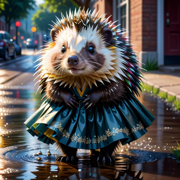 Illustration of a porcupine in a skirt in the puddle