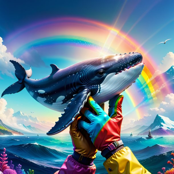 Ilustración de una ballena en guantes en el arco iris