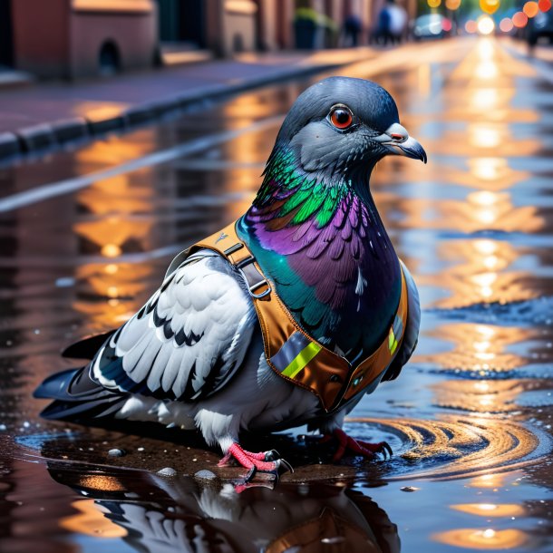 Foto de um pombo em um colete na poça