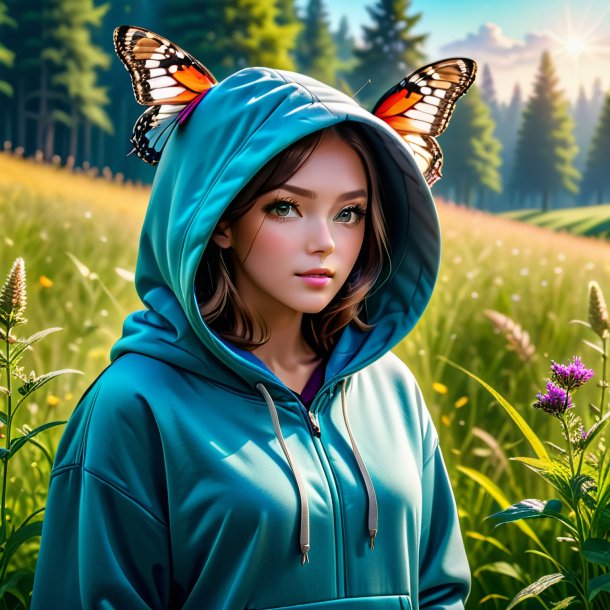 Photo of a butterfly in a hoodie in the meadow