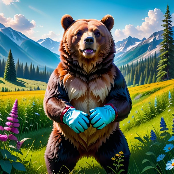 Photo of a bear in a gloves in the meadow