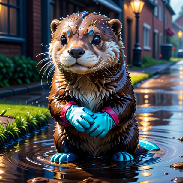 Drawing of a otter in a gloves in the puddle