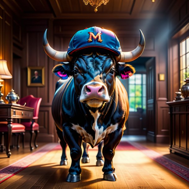 Photo of a bull in a cap in the house