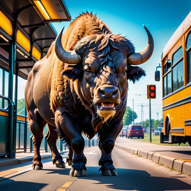 Foto de uma raiva de um búfalo na parada de ônibus