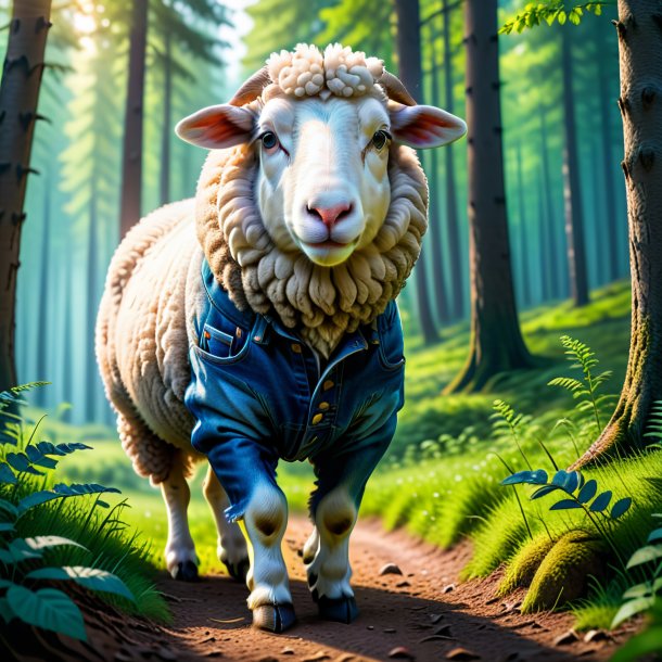 Photo of a sheep in a jeans in the forest