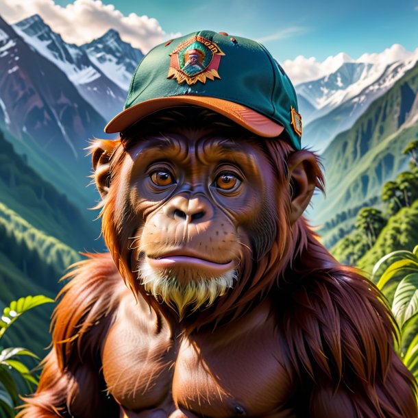 Picture of a orangutan in a cap in the mountains