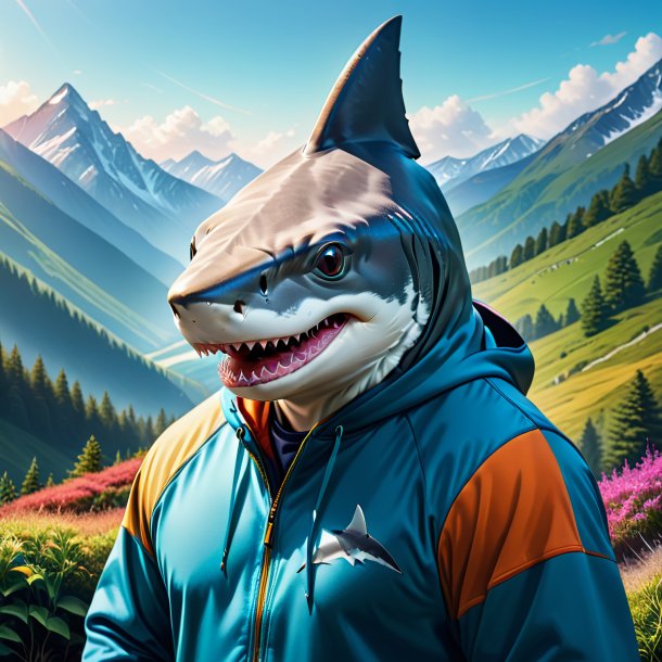 Illustration of a shark in a hoodie in the mountains