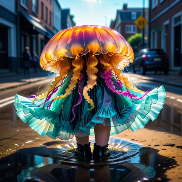 Drawing of a jellyfish in a skirt in the puddle