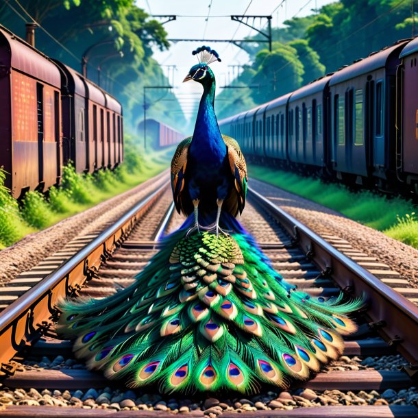 Imagem de uma natação de um pavão nos trilhos ferroviários