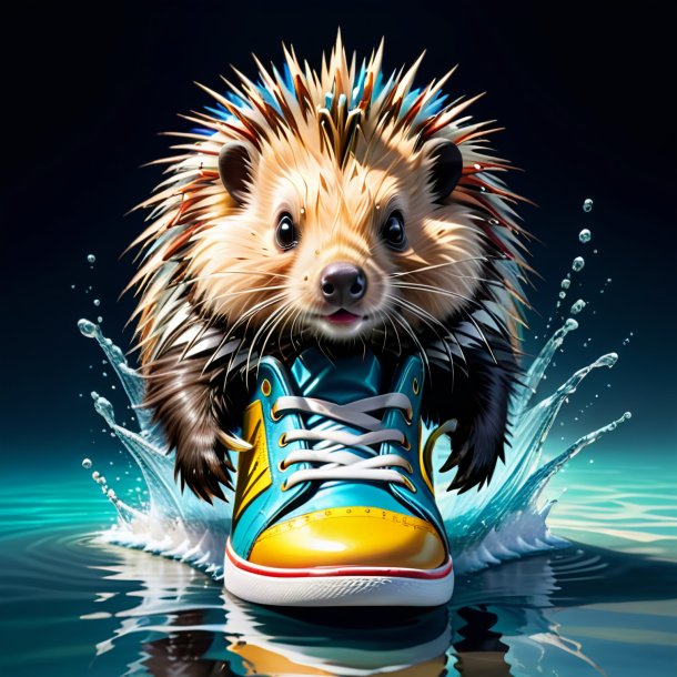 Illustration of a porcupine in a shoes in the water