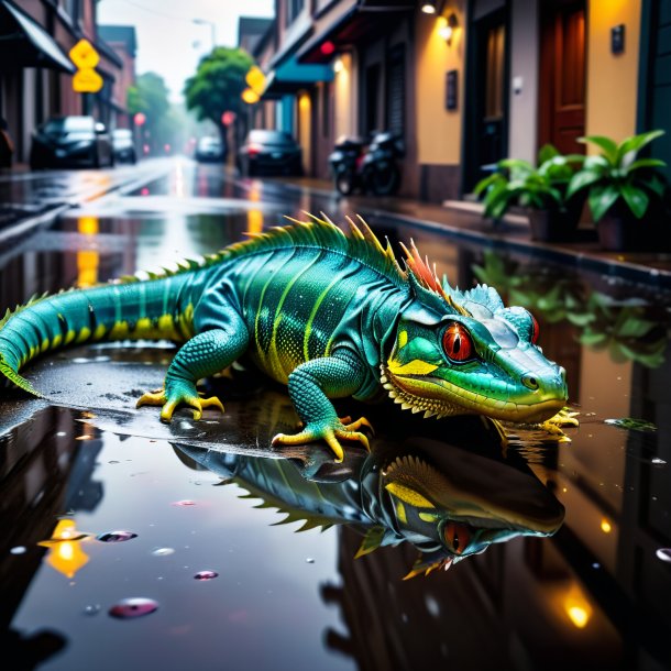 Photo of a basilisk in a shoes in the puddle