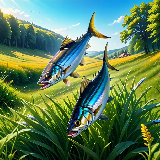 Picture of a jumping of a sardines in the meadow