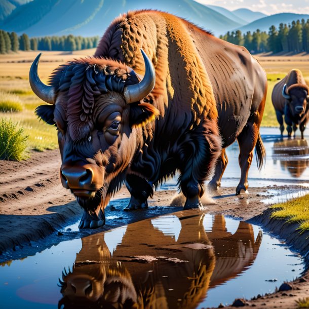 Photo of a resting of a bison in the puddle