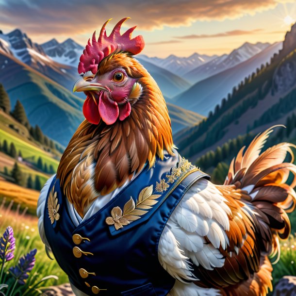 Drawing of a hen in a vest in the mountains