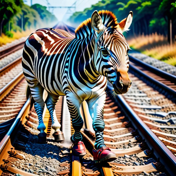 Image of a zebra in a shoes on the railway tracks