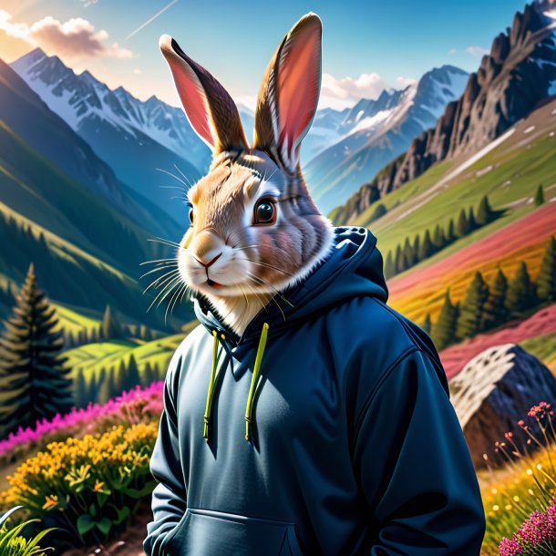 Image of a rabbit in a hoodie in the mountains