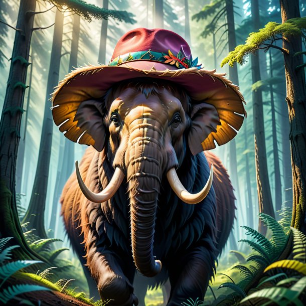 Photo of a mammoth in a hat in the forest