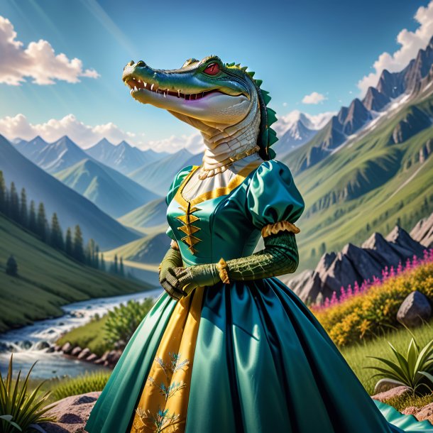 Picture of a alligator in a dress in the mountains