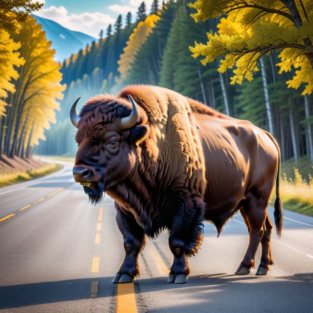 Picture of a waiting of a bison on the road