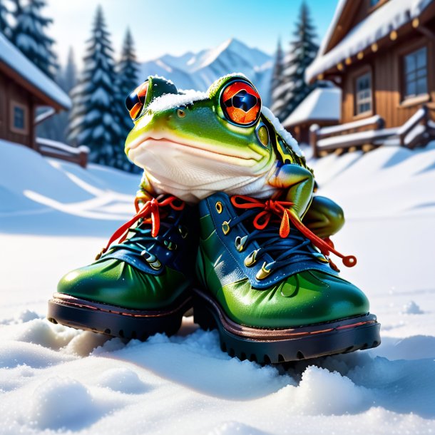 Photo of a frog in a shoes in the snow