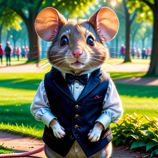 Photo of a mouse in a vest in the park