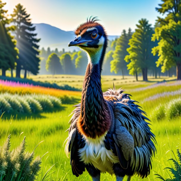 Pic of a emu in a coat in the meadow