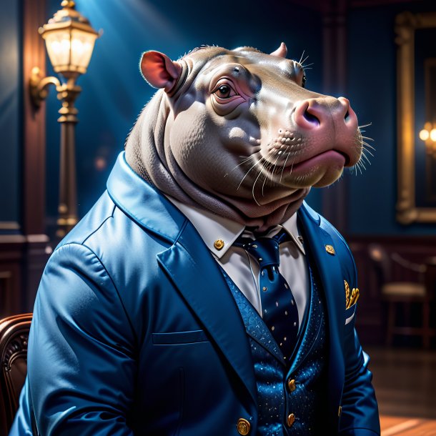 Image of a hippopotamus in a blue jacket