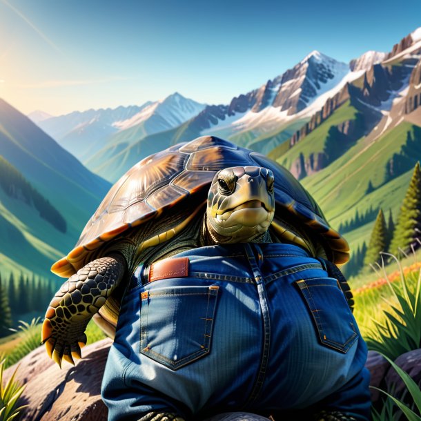 Image of a turtle in a jeans in the mountains