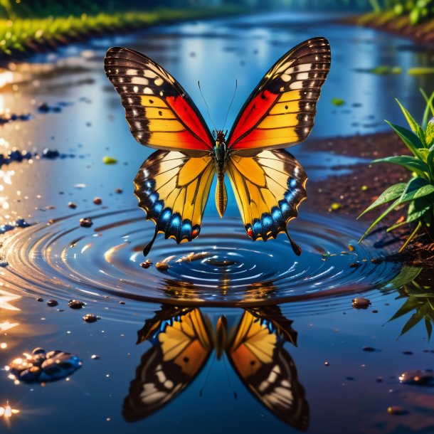 Foto de un salto de una mariposa en el charco