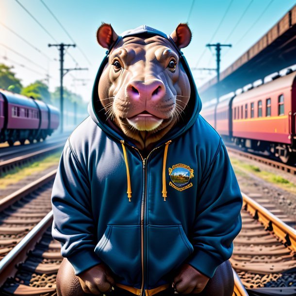 Photo of a hippopotamus in a hoodie on the railway tracks