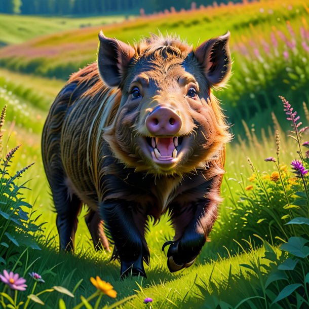 Uma foto de um sorriso de um javali no prado