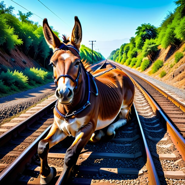 Pic of a resting of a mule on the railway tracks