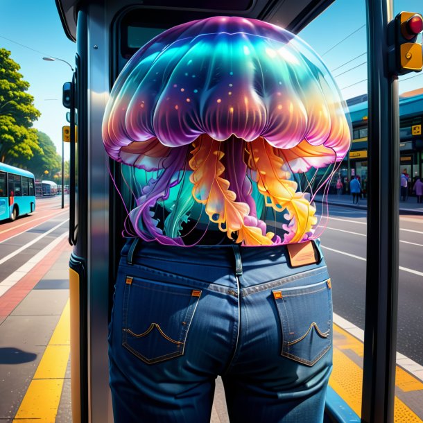 Illustration of a jellyfish in a jeans on the bus stop