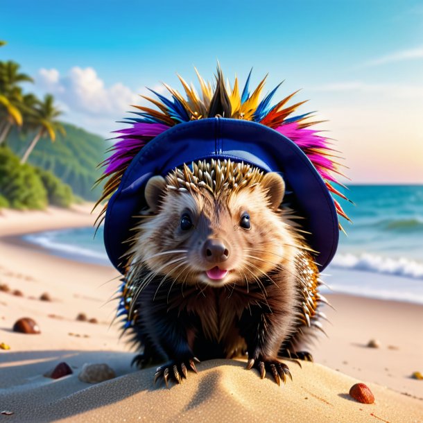 Image of a porcupine in a cap on the beach