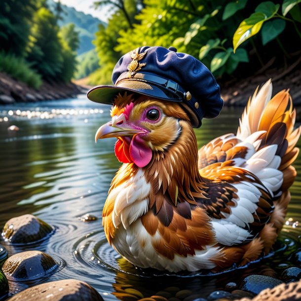 Photo of a hen in a cap in the river