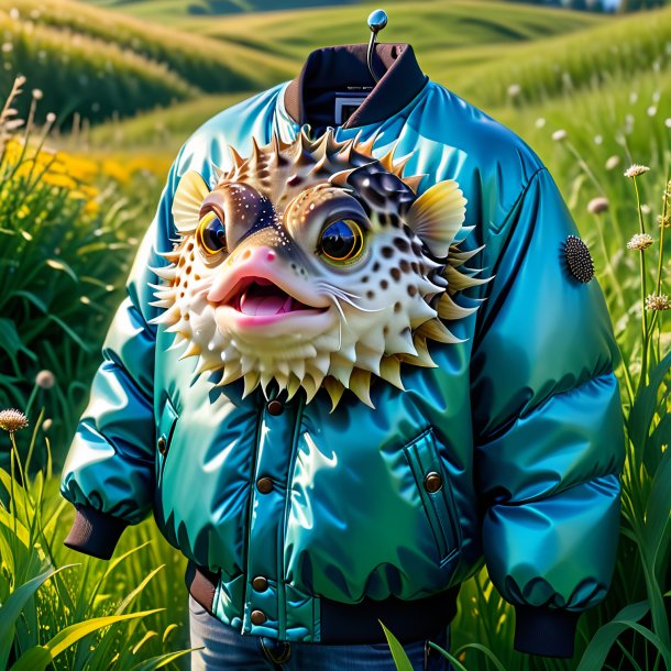 Photo of a pufferfish in a jacket in the meadow